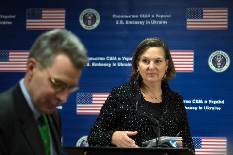 US State Department Assistant Secretary of State for European and Eurasian Affairs Victoria Nuland and US ambassador to Ukraine Geoffrey R. Pyatt  arrive to hold a press conference at the US Embassy in Kiev  on February 7, 2014. 